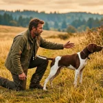 Homme accroupi avec chien de chasse dans champ automnal