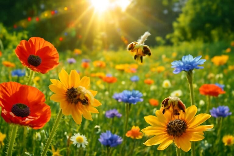 Fleurs colorées avec abeilles pollinisatrices.