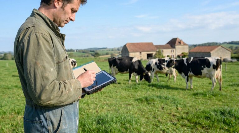 Un éleveur en combinaison verte écrit sur une tablette numérique dans un champ avec des vaches laitières en arrière-plan.