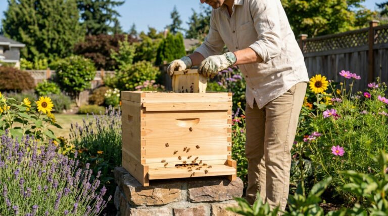 Un apiculteur inspecte un cadre de ruche en bois dans un jardin fleuri avec de la lavande et des tournesols.