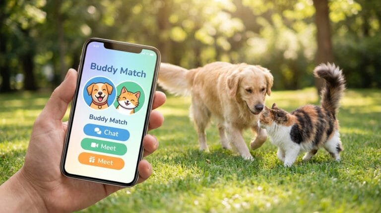 Une main tient un smartphone affichant l'application Buddy Match avec un chien et un chat qui se rencontrent en arrière-plan.