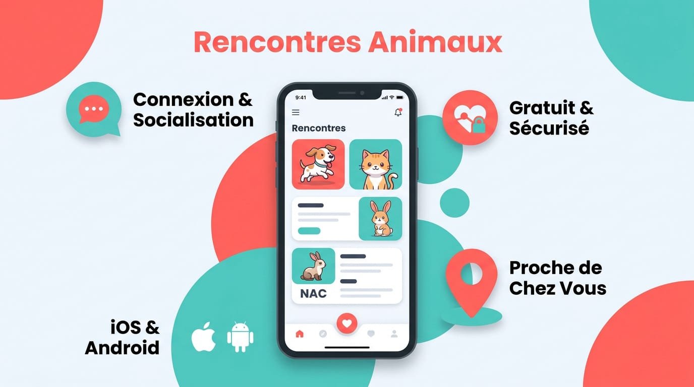 Interface de l'application Petmeeter montrant des profils de chiens et chats pour des rencontres