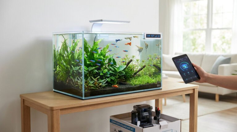 Aquarium planté moderne contrôlé par une tablette numérique dans un salon lumineux.