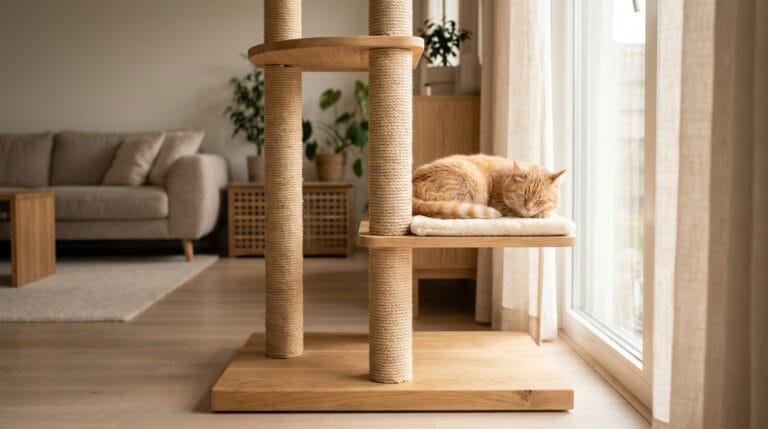 Un chat roux dort paisiblement sur un arbre à chat moderne en bois clair situé près d'une fenêtre dans un salon.