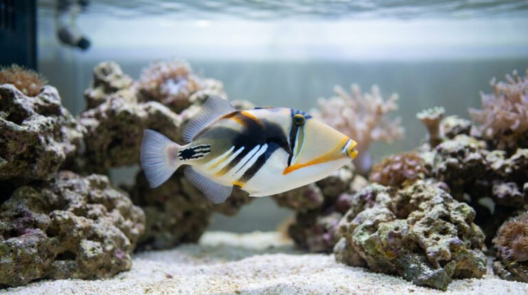 Un poisson Baliste Picasso nageant près de rochers coralliens dans un aquarium marin.