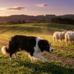 Un Border Collie noir et blanc guide un troupeau de moutons dans un champ au coucher du soleil.