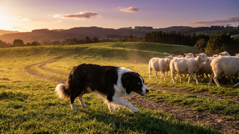Un Border Collie noir et blanc guide un troupeau de moutons dans un champ au coucher du soleil.