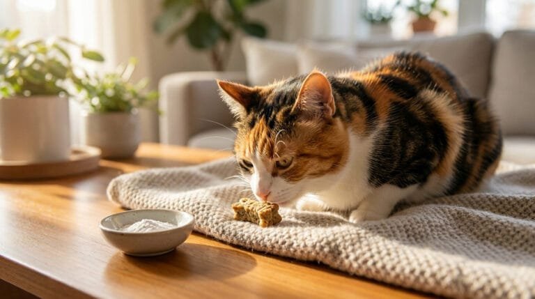 Un chat tricolore s'apprête à manger une friandise dentaire sur un plaid, avec un petit bol de poudre blanche à côté.