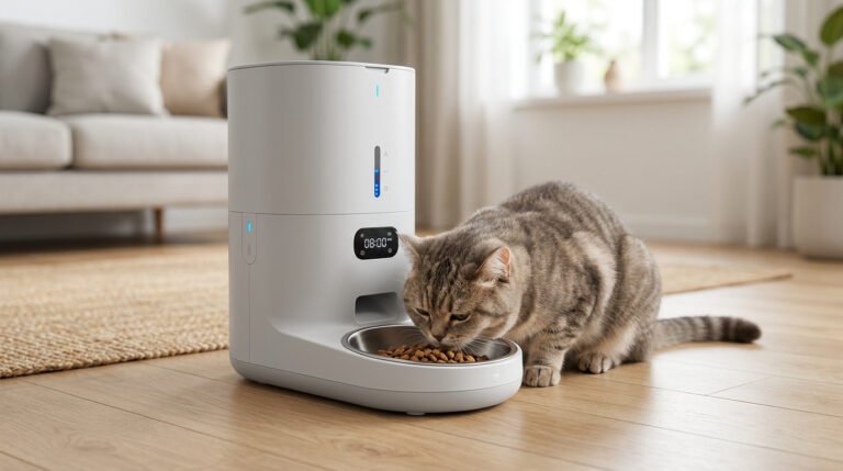 Un chat tigré mange dans un distributeur de croquettes automatique blanc et moderne dans un salon lumineux.