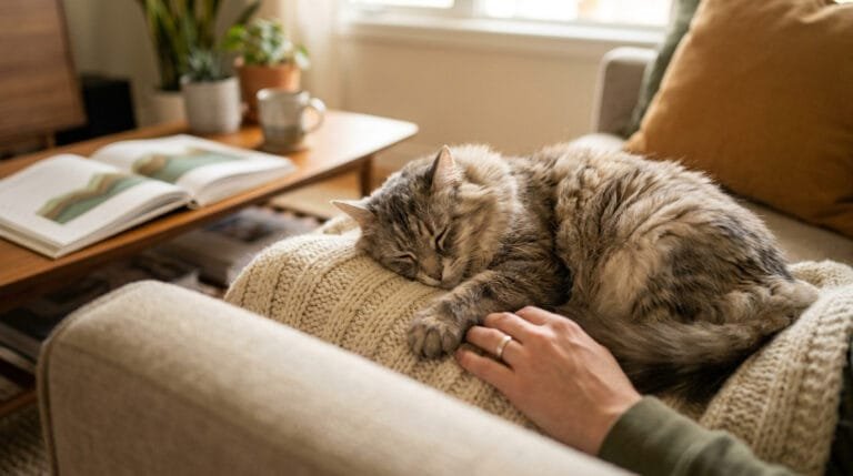Un chat gris tigré dort paisiblement sur une couverture en tricot beige, caressé par une main humaine.