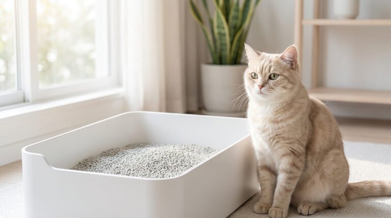 Un chat beige assis à côté d'un bac à litière blanc moderne dans un salon lumineux.