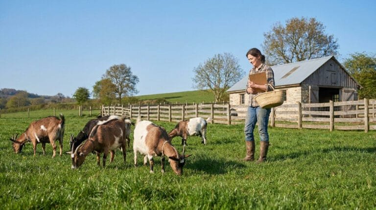 Une éleveuse avec un panier et un presse-papier surveille son troupeau de chèvres naines dans un pré ensoleillé.
