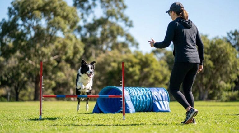 Un chien Border Collie saute au-dessus d'une haie d'agility sous la direction de sa propriétaire dans un parc ensoleillé.