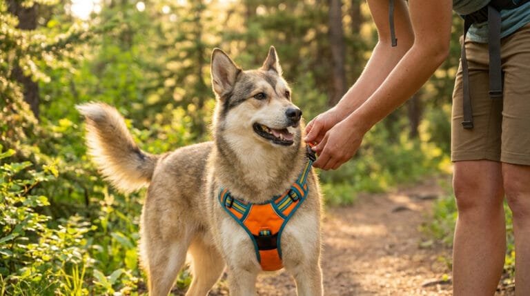 Un propriétaire ajuste un harnais de traction orange et bleu sur un chien lors d'une randonnée en forêt.