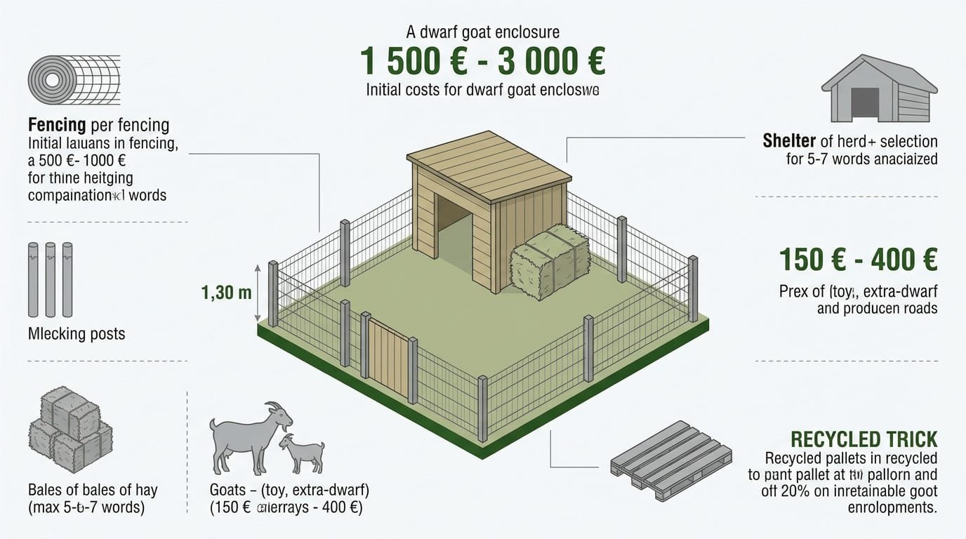 Installation d'une clôture grillagée et d'un abri en bois pour l'élevage de chèvres naines.
