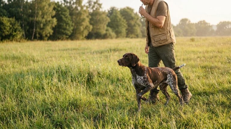 Un homme dresse son braque allemand au sifflet dans une prairie ensoleillée.