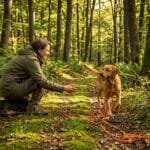 Une femme accroupie en forêt appelle son chien golden retriever tenu par une longue longe orange.