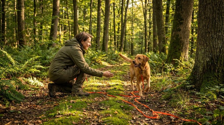 Une femme accroupie en forêt appelle son chien golden retriever tenu par une longue longe orange.