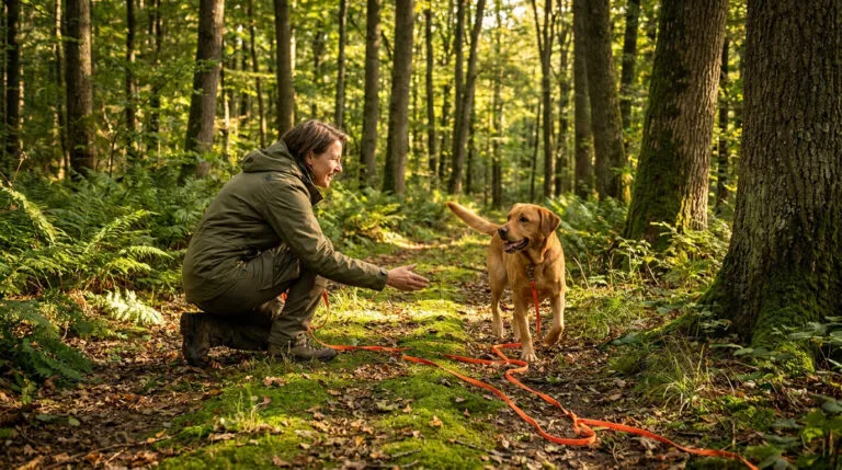 Une femme accroupie en forêt appelle son chien golden retriever tenu par une longue longe orange.