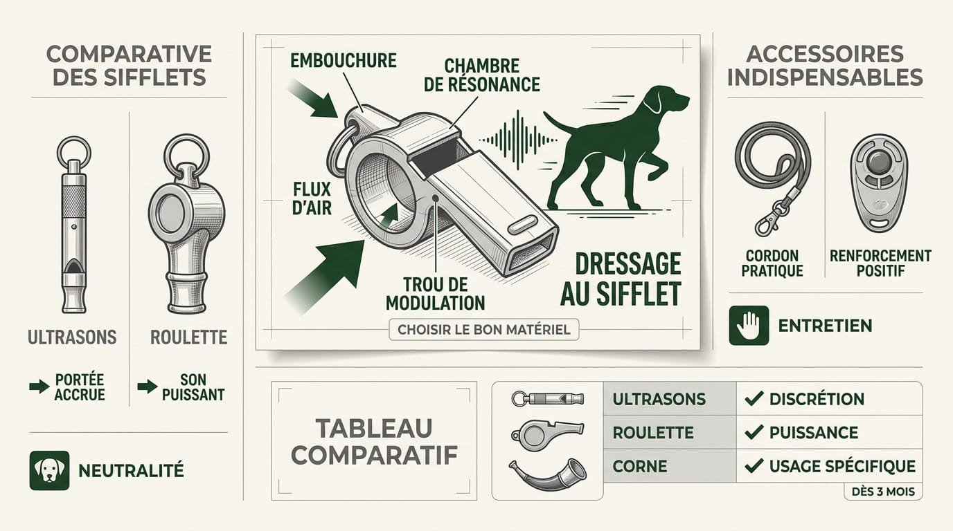 Sifflet de dressage pour d'arrêt posé sur un équipement de chasse