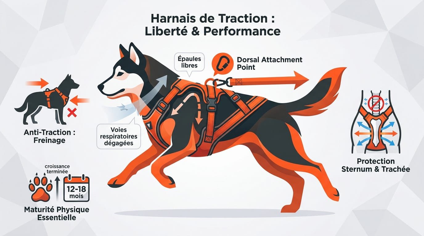 Chien de sport équipé d'un harnais de traction ergonomique en plein effort