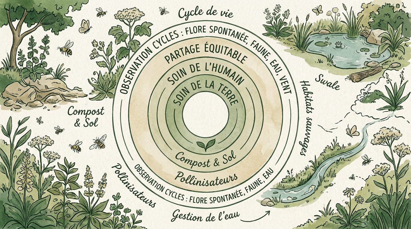 Schéma illustrant les principes éthiques et de conception en permaculture