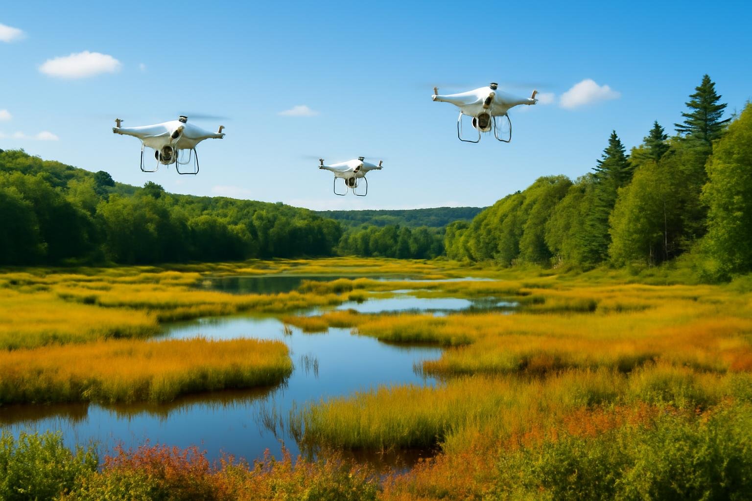 Drones survolant un paysage naturel.