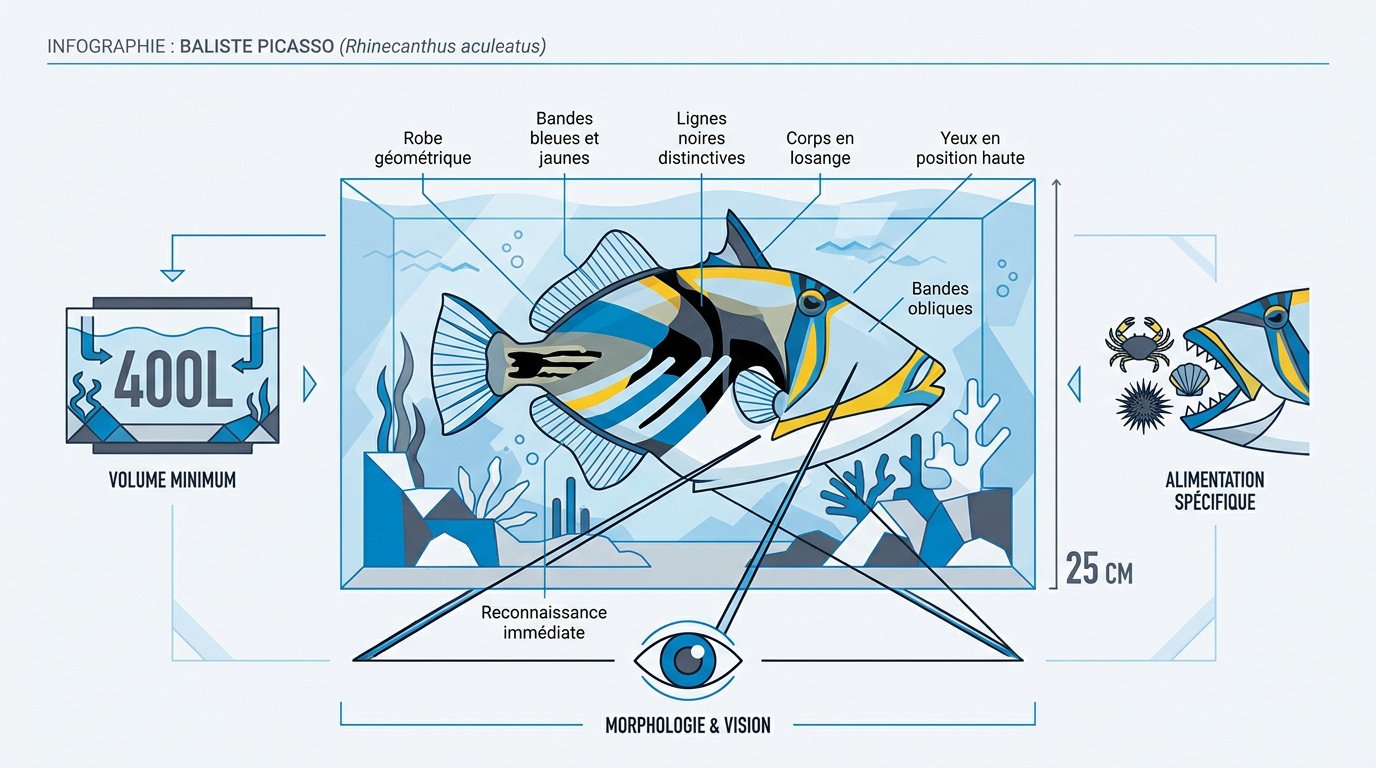 Infographie détaillant la morphologie et les besoins spécifiques du baliste Picasso en aquarium