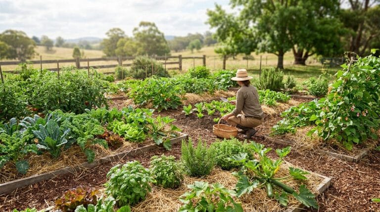 Une jardinière portant un chapeau de paille travaille dans son potager en permaculture paillé.