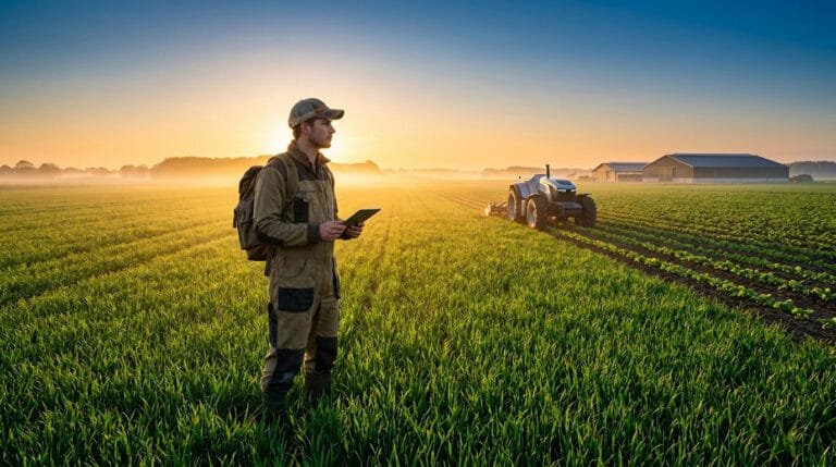 Jeune agriculteur avec une tablette dans un champ au lever du soleil, avec un tracteur moderne en arrière-plan.