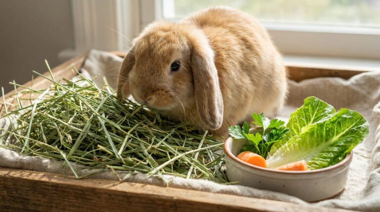 Un lapin bélier nain brun mange du foin à côté d'un bol contenant de la laitue, du persil et des morceaux de carotte.