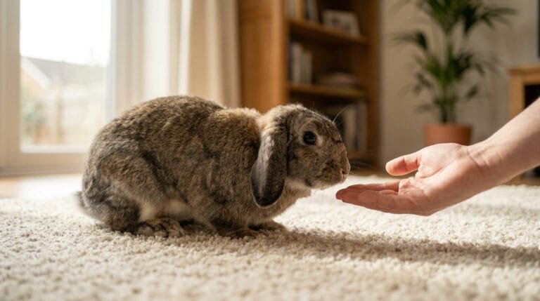 Un lapin bélier brun s'approche d'une main humaine ouverte posée sur un tapis dans un salon.