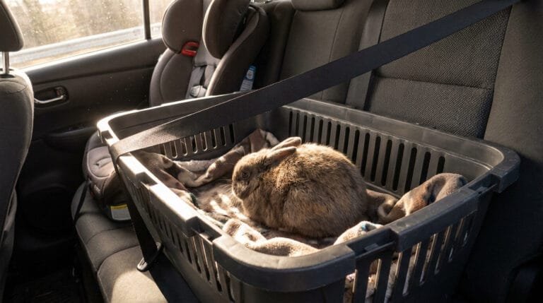 Un petit lapin brun installé confortablement dans un panier de transport sécurisé par une ceinture de sécurité sur un siège arrière.