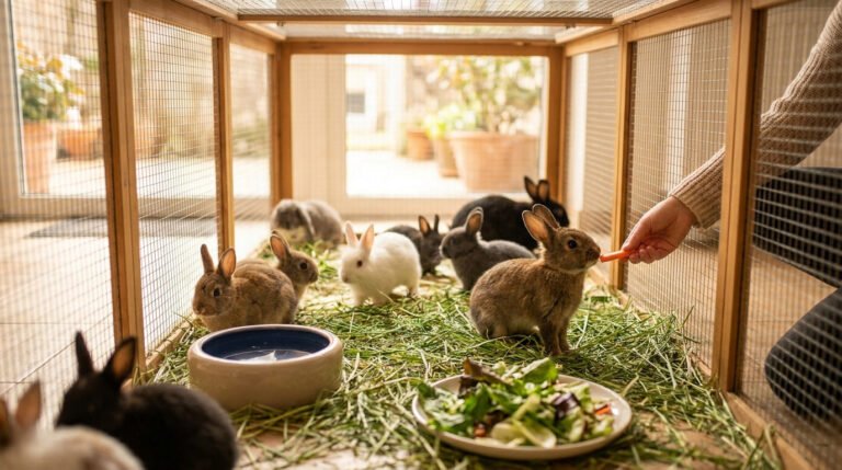 Une main nourrit un petit lapin brun dans un enclos en bois avec d'autres lapins nains.