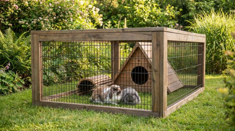Deux lapins dans un enclos en bois avec une petite cabane, installés sur une pelouse verdoyante.