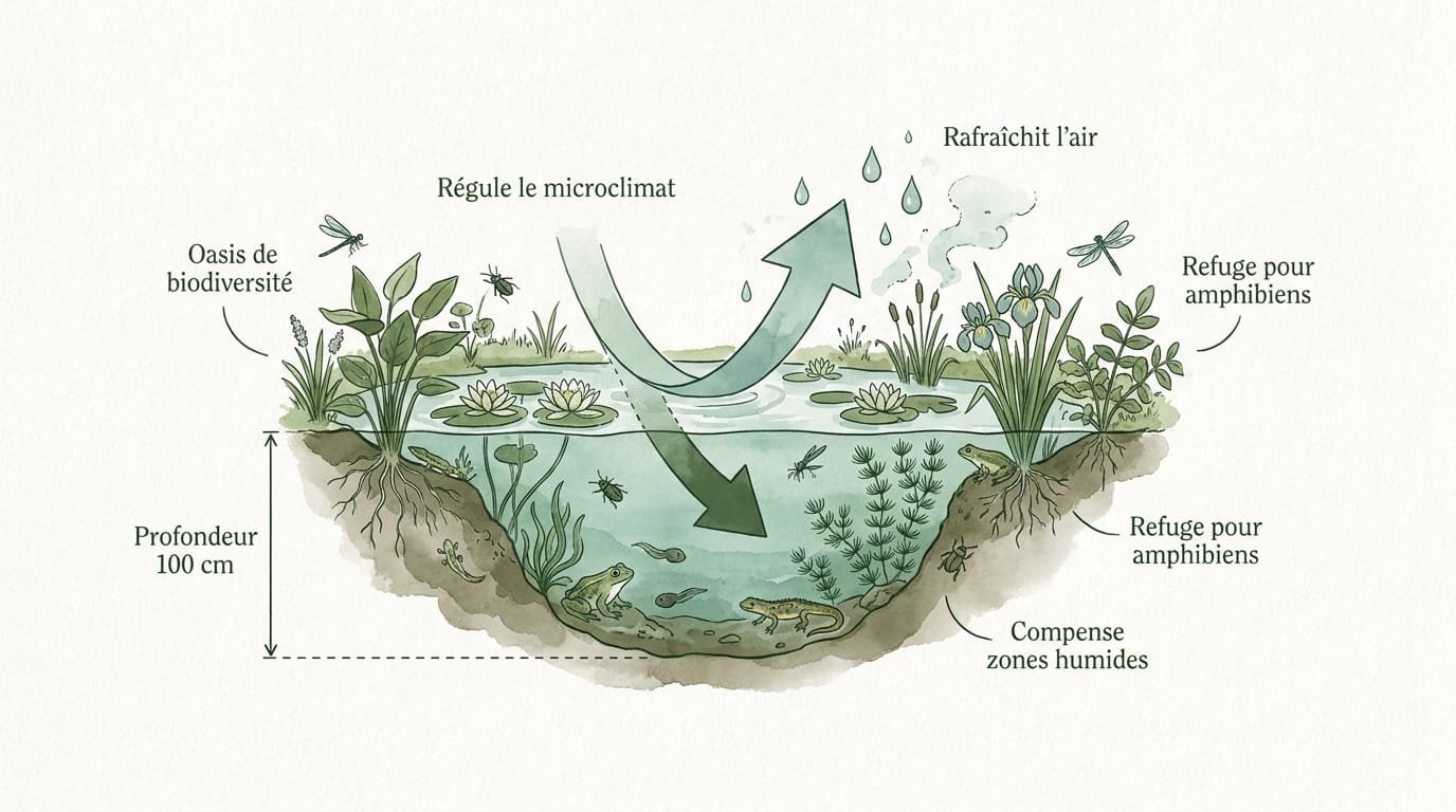 Mare écologique favorisant la biodiversité et la régulation du microclimat au jardin