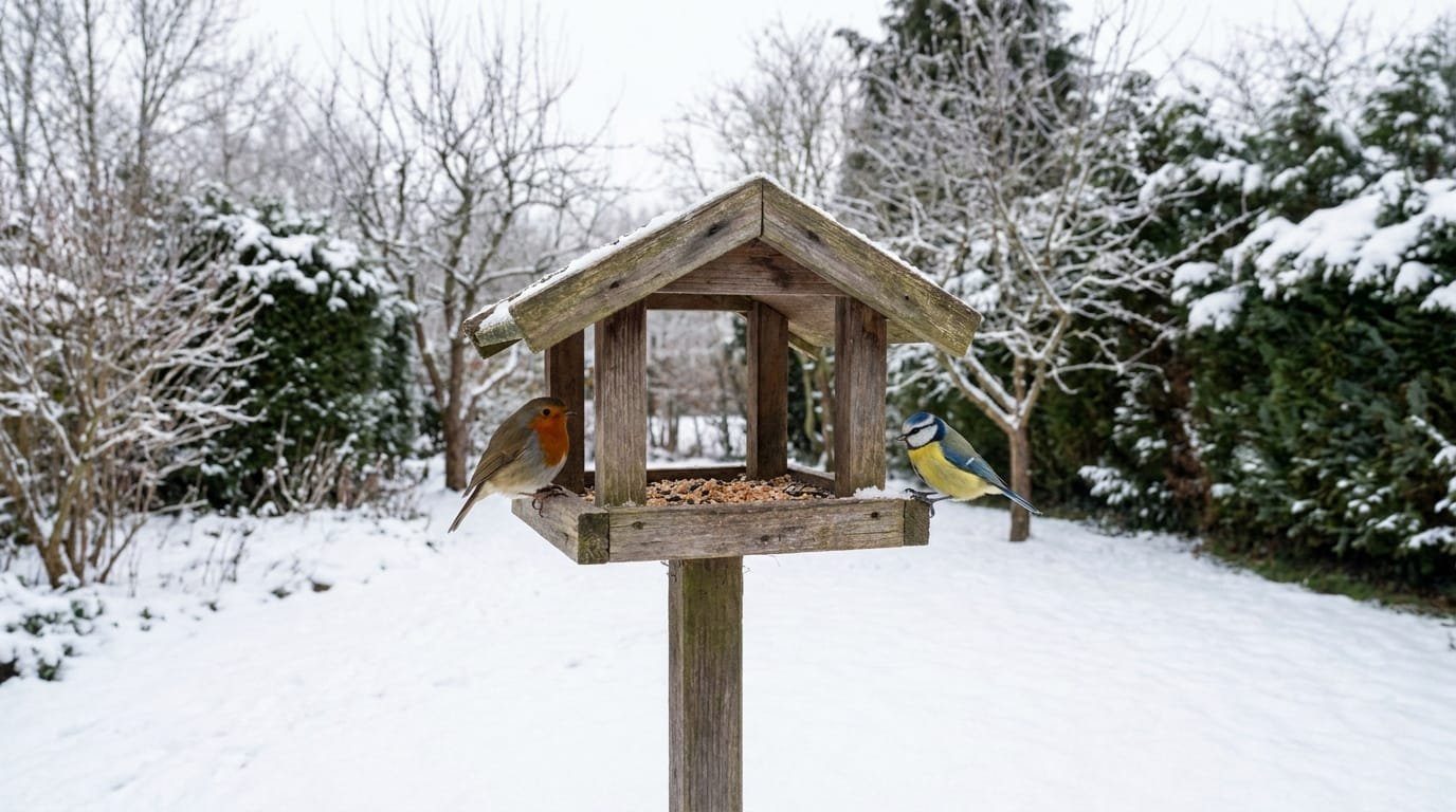 Animaux sauvages du jardin : oiseaux au point de nourrissage en hiver