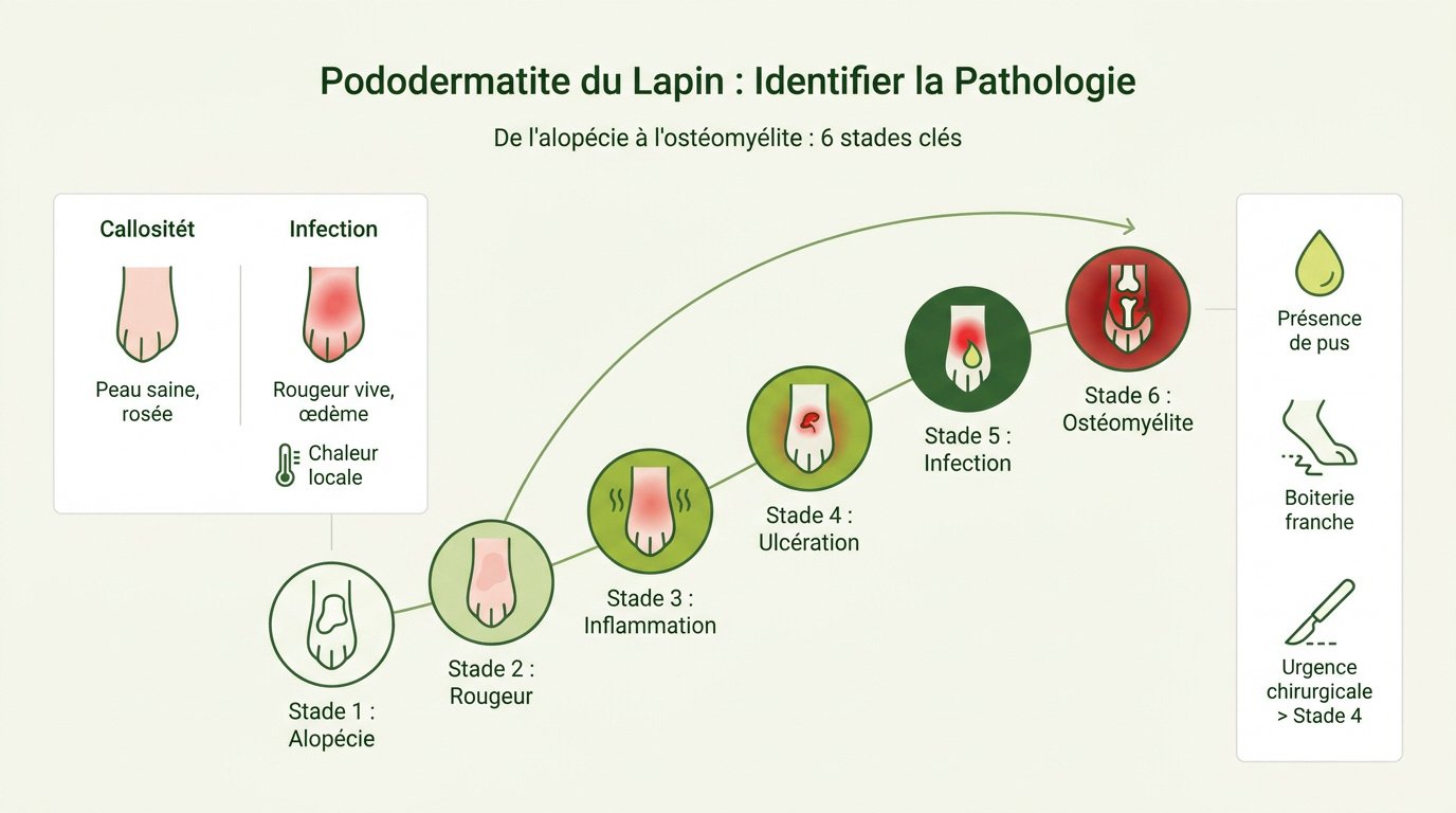 Examen clinique des pattes d'un lapin présentant des signes de pododermatite