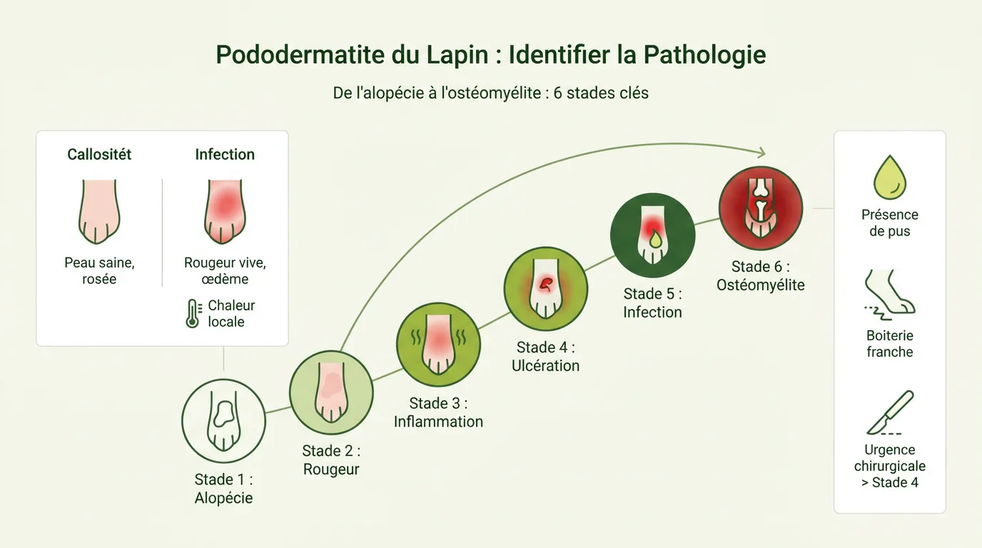 Examen clinique des pattes d'un lapin présentant des signes de pododermatite