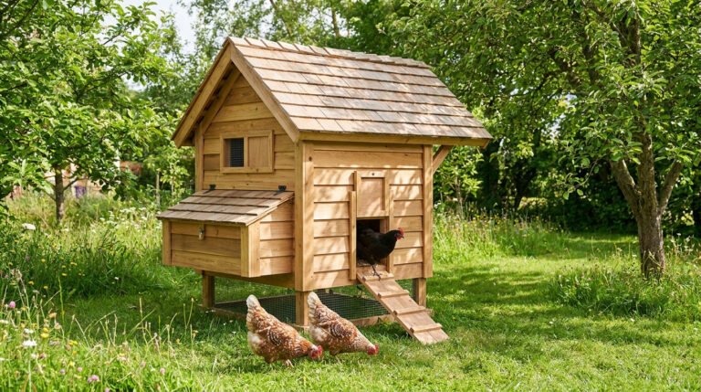 Poulailler en bois surélevé au milieu d'un jardin fleuri avec trois poules.