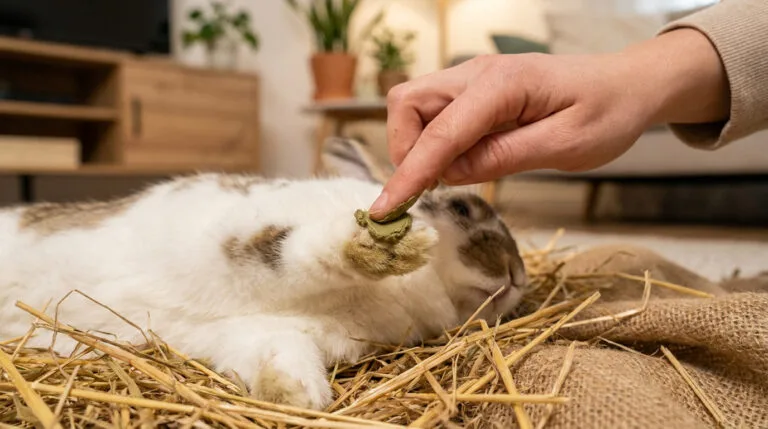 Une main applique un soin naturel sur la patte d'un lapin allongé sur de la paille.
