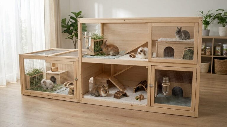 Clapier en bois à plusieurs niveaux pour lapins nains avec des enclos intérieurs, des rampes et des accessoires.