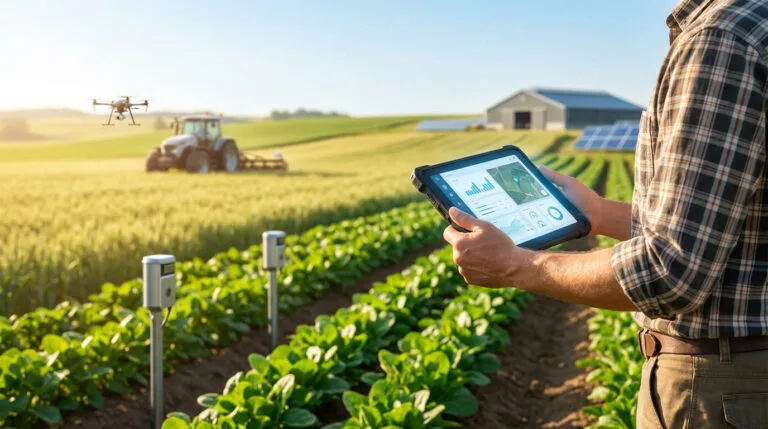Agriculteur utilisant une tablette numérique dans un champ avec un drone et un tracteur en arrière-plan.
