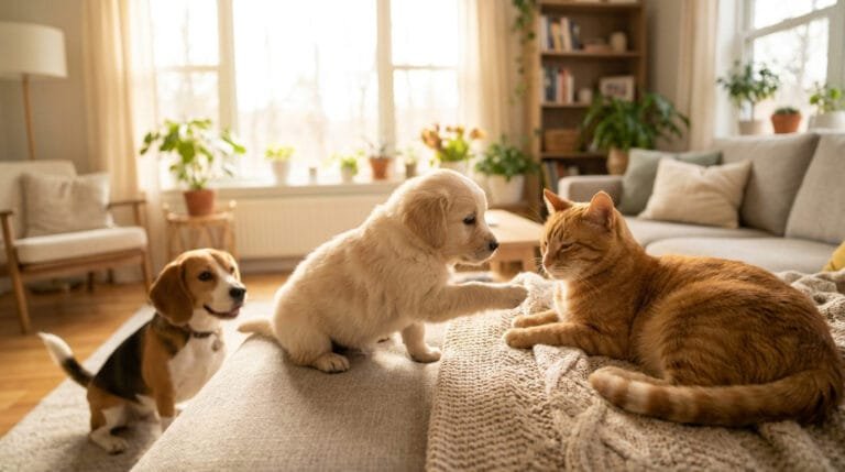 Un chiot golden retriever touche doucement un chat roux sur un canapé, sous le regard attentif d'un chien beagle.