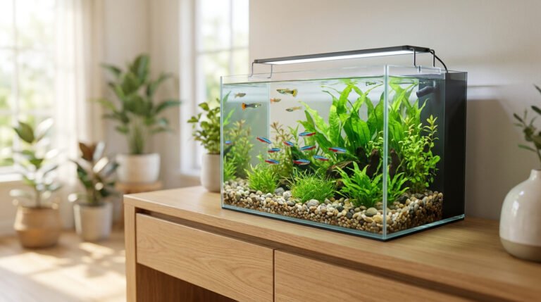 Aquarium équipé avec plantes et poissons tropicaux sur un meuble en bois, éclairé par la lumière naturelle du jour.