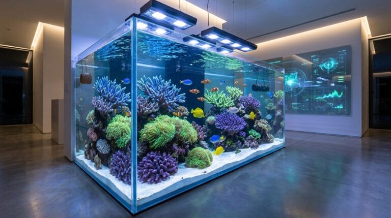 Aquarium récifal moderne et luxueux avec coraux colorés, poissons tropicaux et éclairage LED dans un intérieur design.