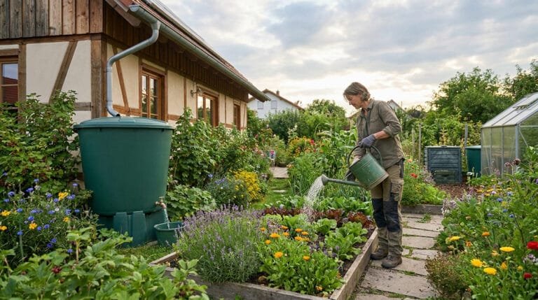 Une femme arrose son potager avec de l'eau récupérée dans une citerne verte installée contre une maison à colombages.