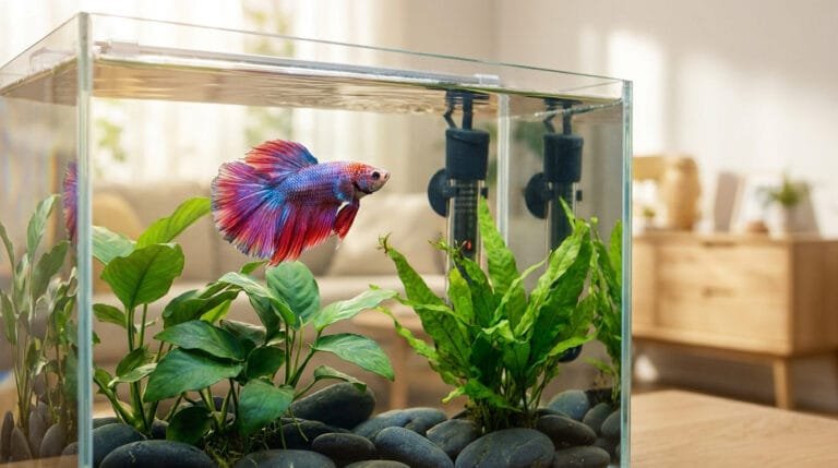 Un poisson combattant bleu et rouge nageant dans un aquarium planté et équipé d'un chauffage.