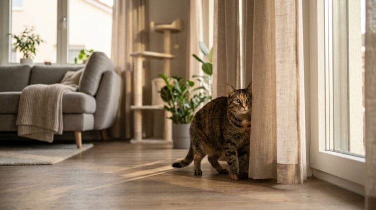 Un chat tigré se cache derrière un rideau dans un salon lumineux.