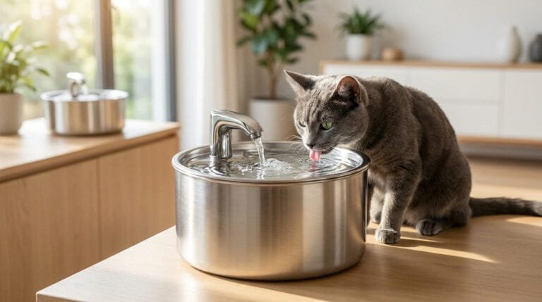 Un chat gris boit l'eau fraîche d'une fontaine en acier inoxydable posée sur une table en bois dans une pièce lumineuse.